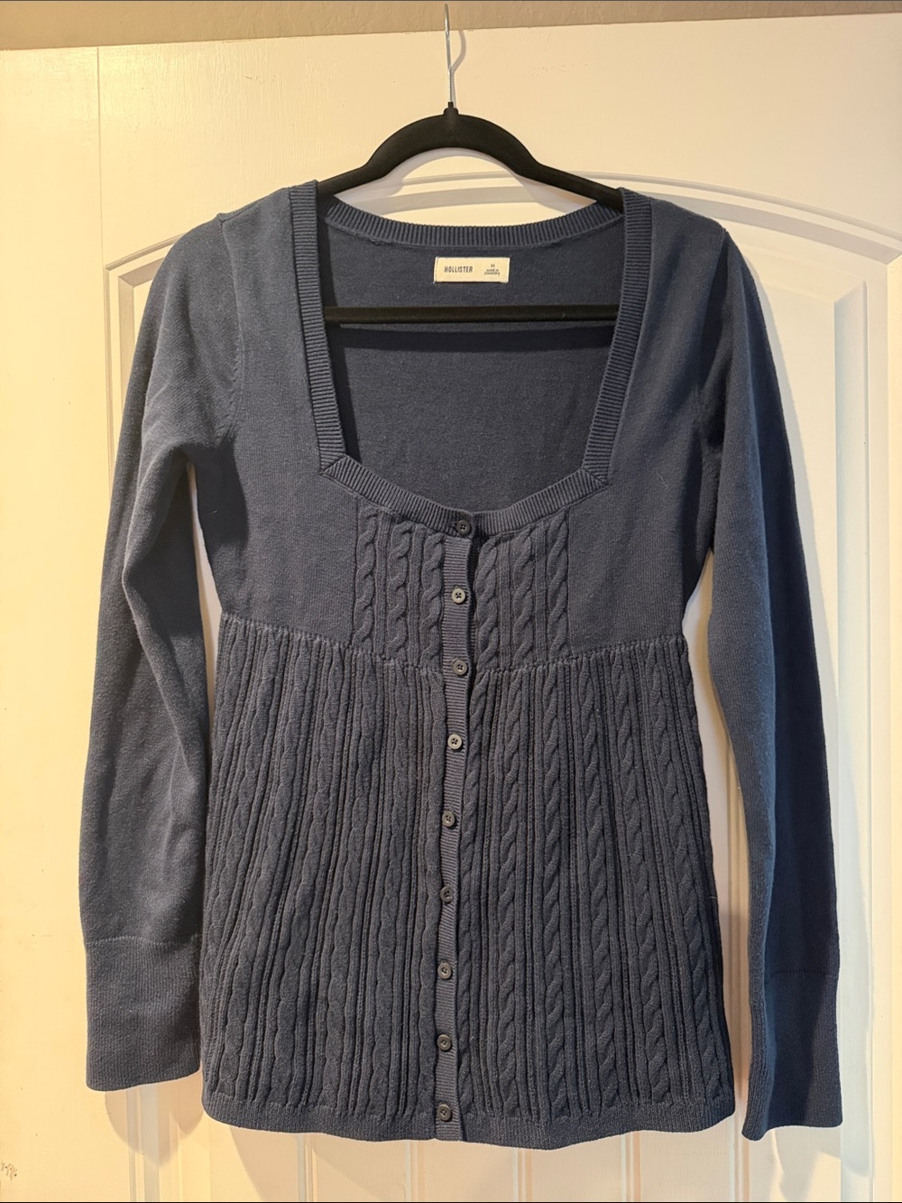 Hollister Navy Cable-Front Button Cardigan with Square Neck